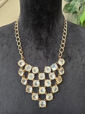 Gold Tone Clear Crystal Rhinestone Cascading Tiered Bib Necklace